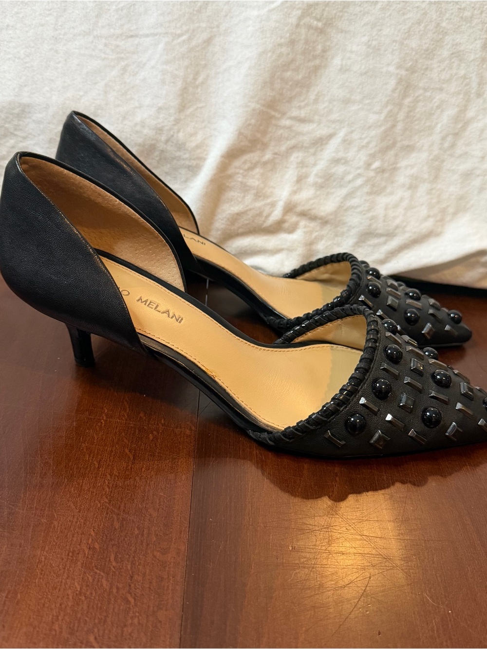 Antonio Melani Black Leather Embellished Kitten Heels 8.5